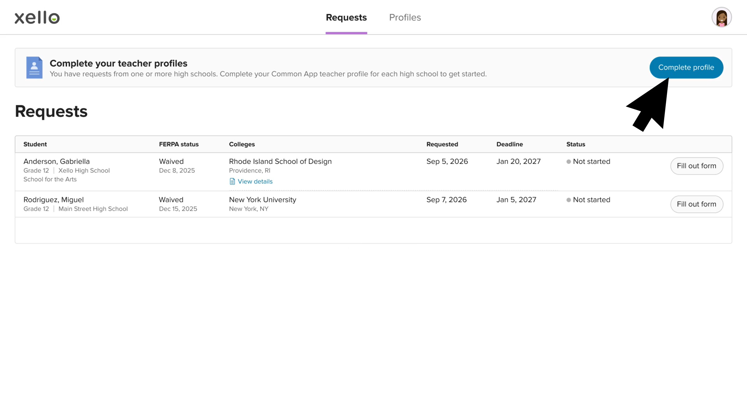 Click to enlarge External referrer requests tab, the cursor is clicking Complete profile